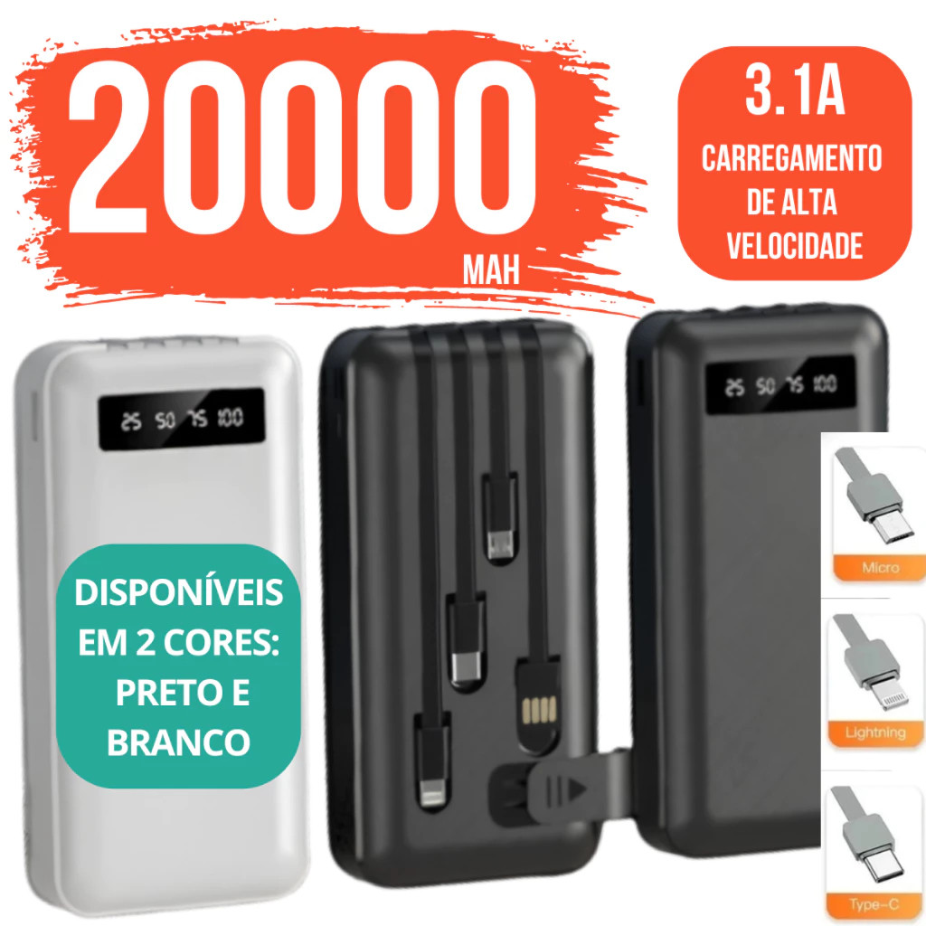 Carregador Power Bank Portátil de celular 20000mah Universal Saida 4 Cabos