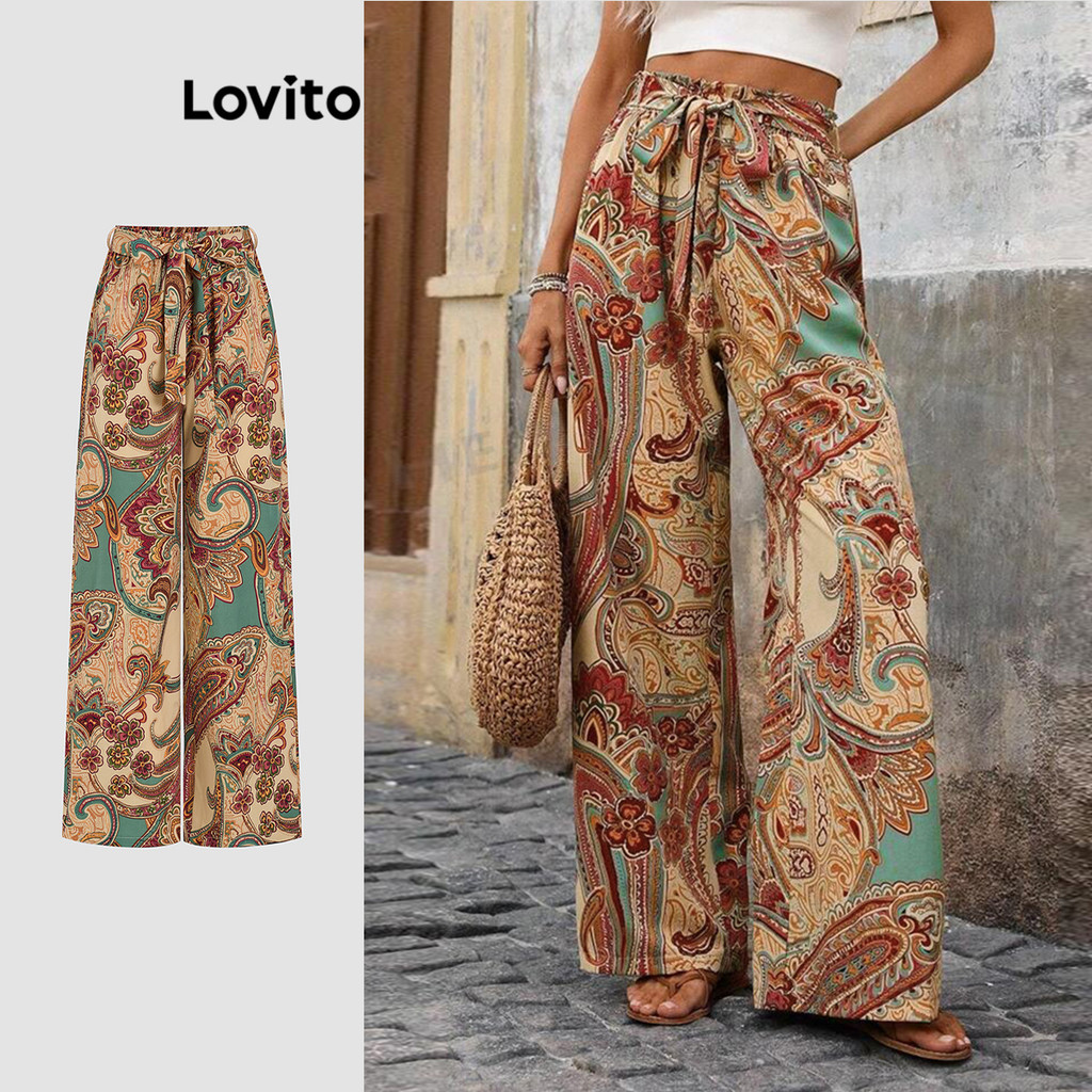 Lovito Calças casuais com estampa tribal e cadarço com laço drapeado para mulheres L121AD1079 - Women Clothes