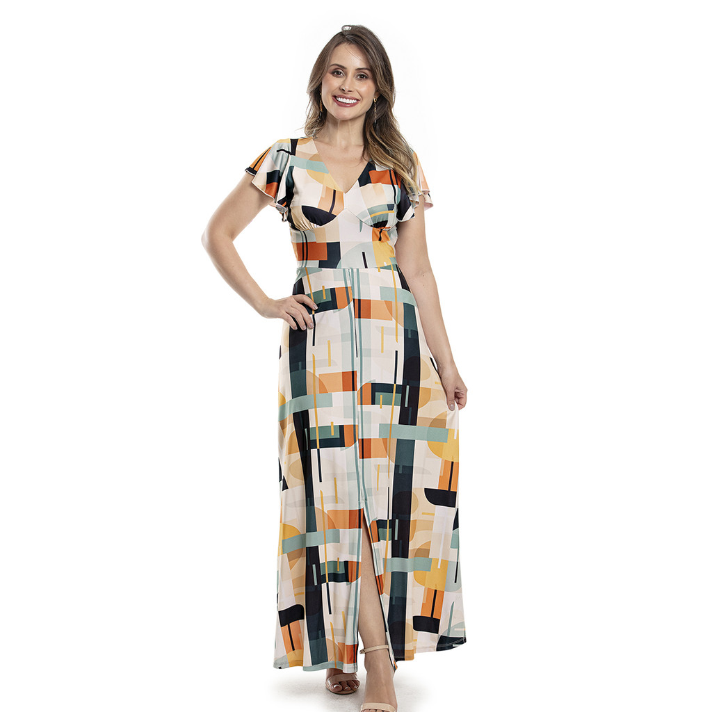 Vestido Longo com Fenda Frontal e Decote V, Elegante e Confortável