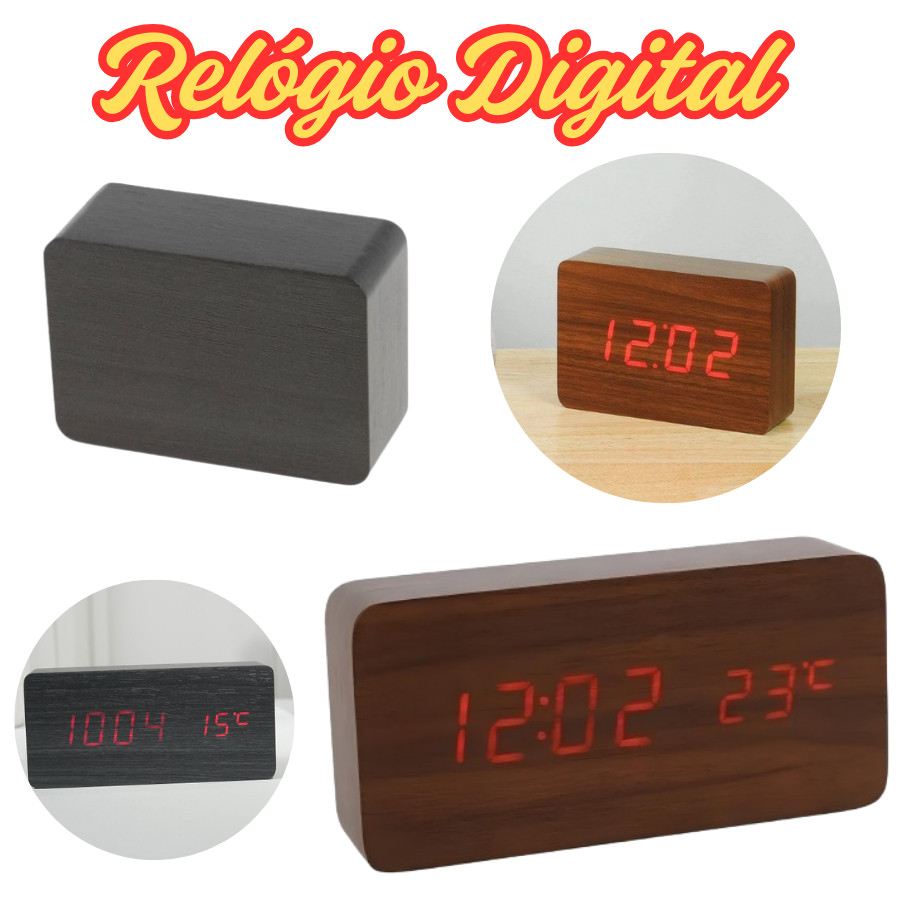 Relógio De Mesa Digital De Madeira Com Data E Temperatura E USB Grande 15x4x7Cm Ou Pequeno 10x4x7Cm