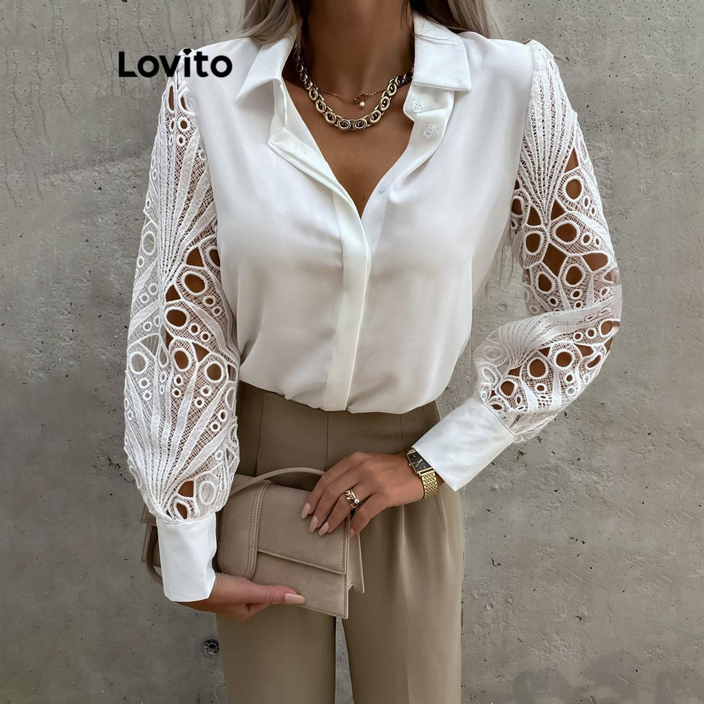 Lovito Blusa feminina elegante de renda geométrica LNL52058