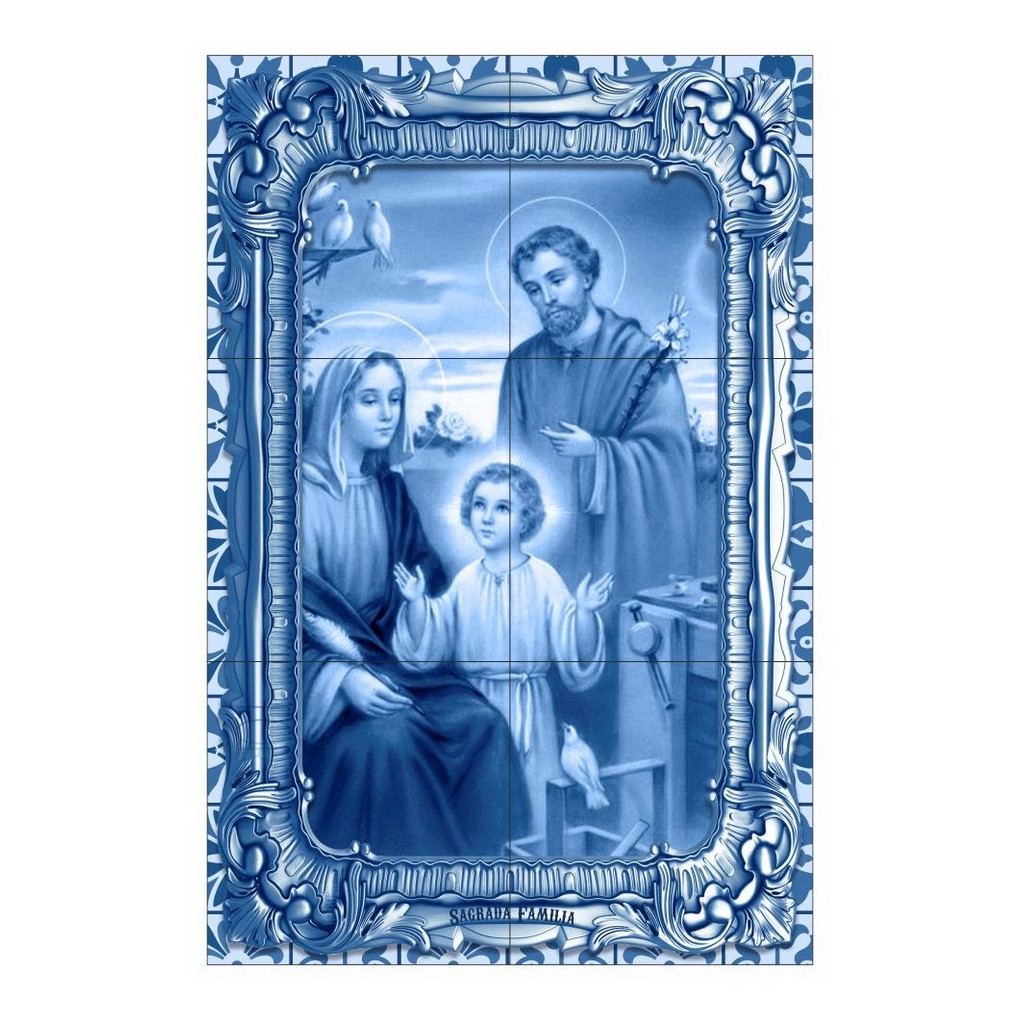 Quadro Sagrada Família 31x46,5cm Azul Em Azulejo Est. Port.