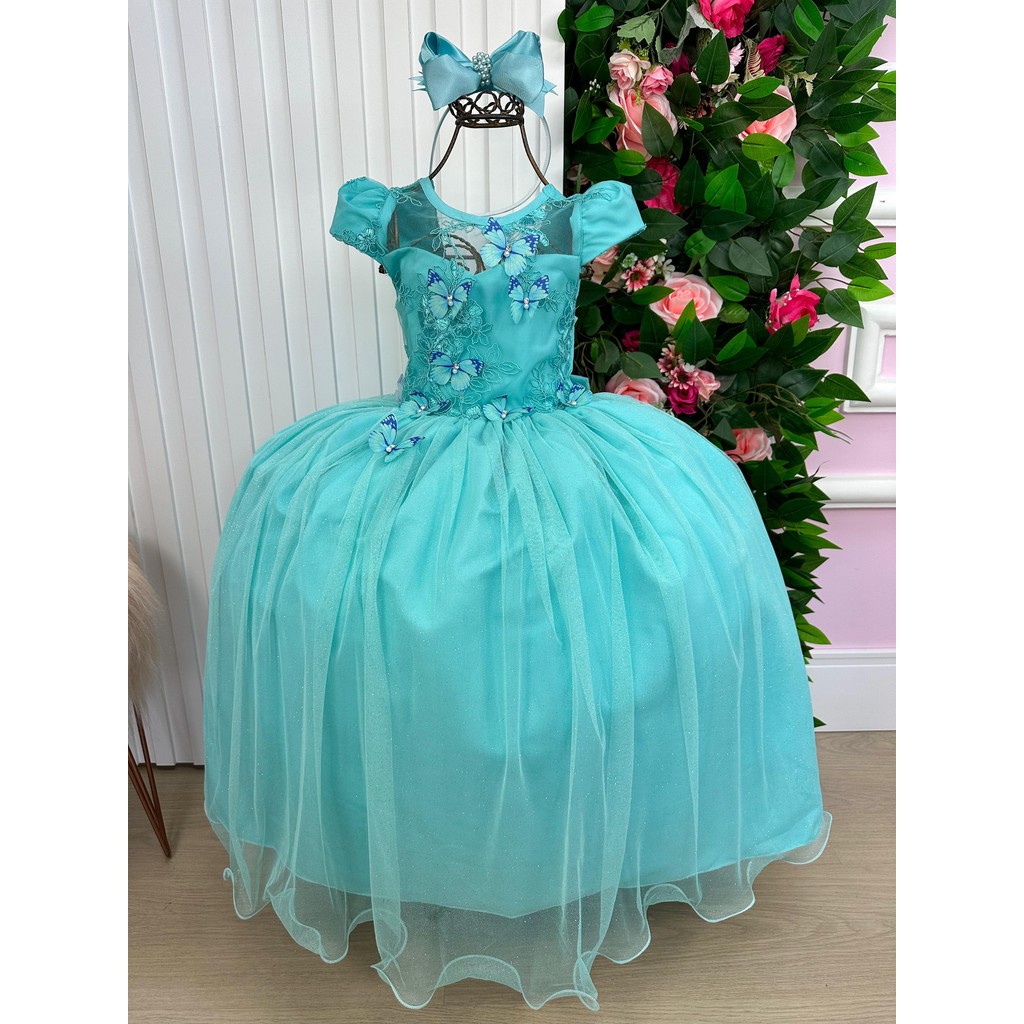 Vestido Vila Lele Longo Jardim Encantado Borboletas Verde Tiffany Casamento Formatura Noiva Batizado Elegante Luxo