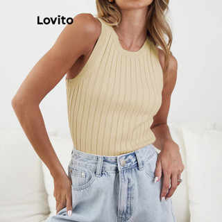 Lovito Regata Casual De Malha Canelada Lisa Para Mulheres LNL35089 (Damasco/Branco/Preto)