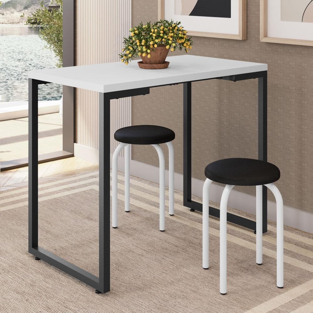 Mesa de Cozinha Bistrô Porto Branco 90cm com 2 Banquetas Industriais Maviê Preto/Branco - Mpozenato