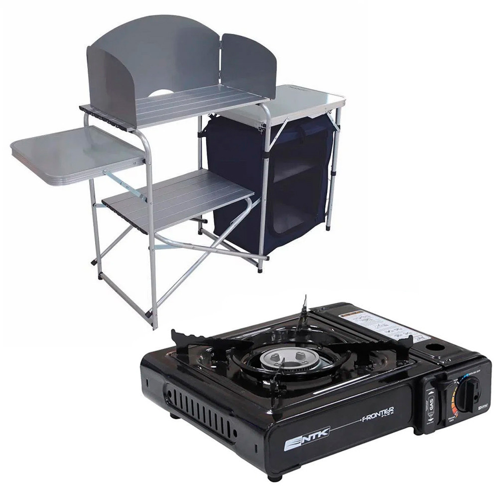 Mesa Portátil Armário Serena + Fogareiro Frontier Preto NTK para camping e pesca - Nautika NTK em Oferta na Shopee