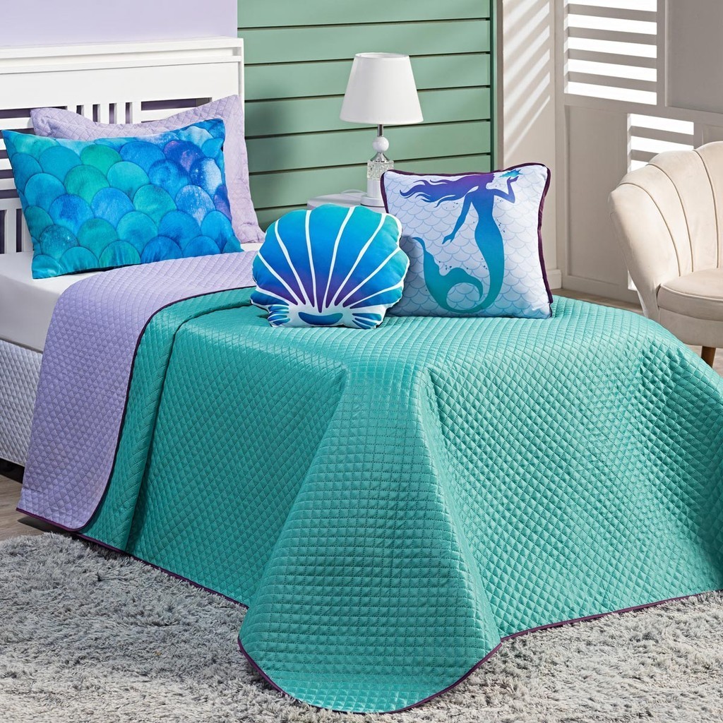 Kit Cobre Leito Colcha Infantil SOLTEIRO 05 Peças Mermaid Tiffany e Lilás Dupla Face com Almofadas em Oferta na Shopee