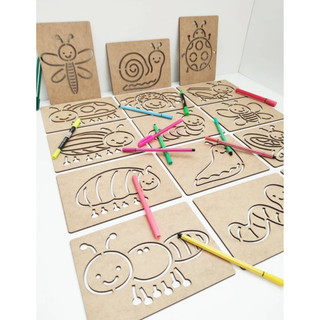 Kit 15 Moldes Infantil Insetos em MDF 3mm Cru com Caixa Canetinha para Desenhos Crianças