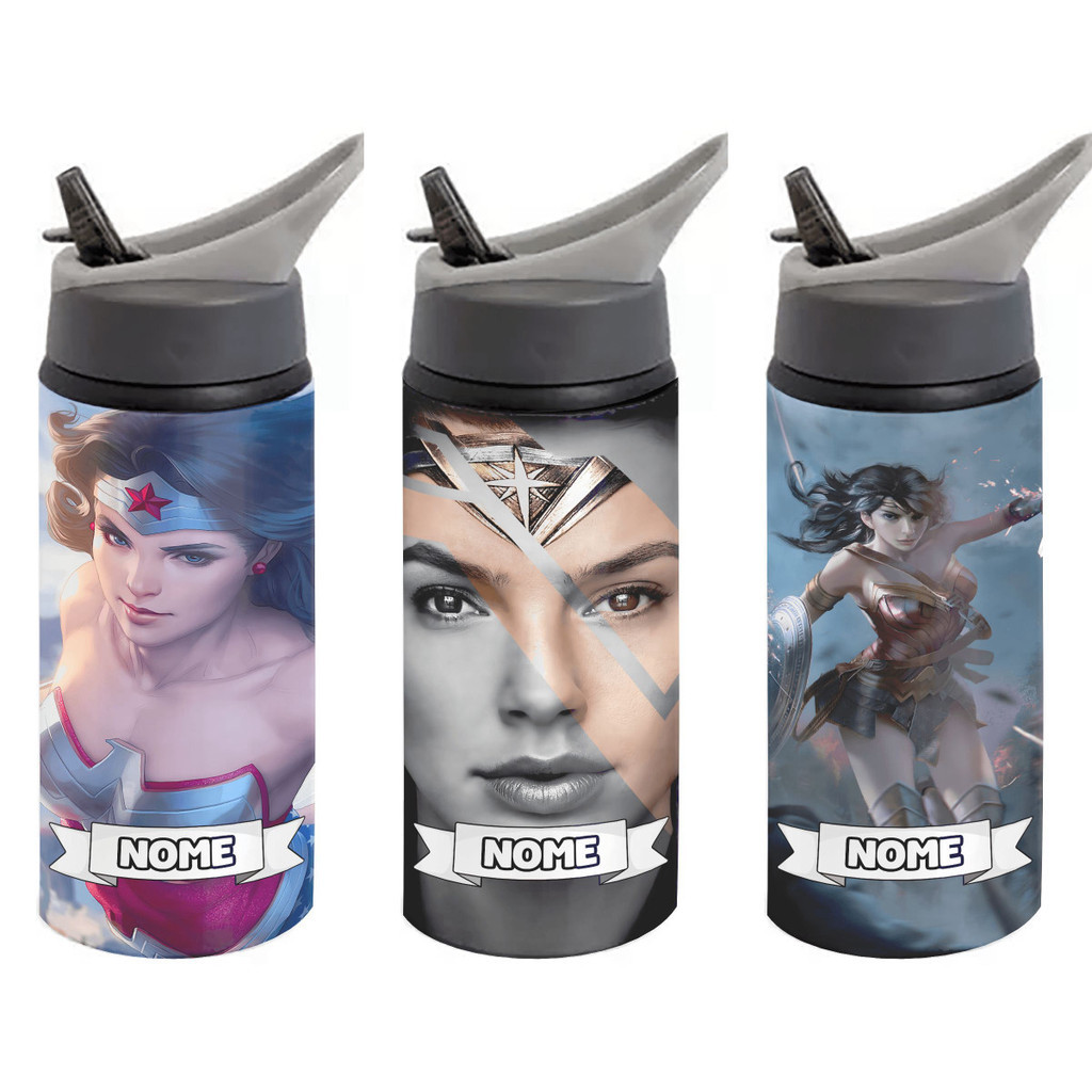 Garrafa Squeeze Mulher Maravilha Alumínio Personalizada Com Nome Garrafinha