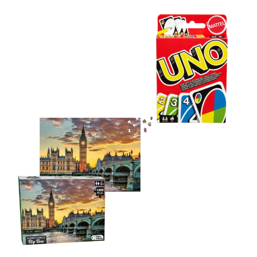 Kit Uno Jogo De Cartas Baralho + Quebra-Cabeça Big Ben 1000