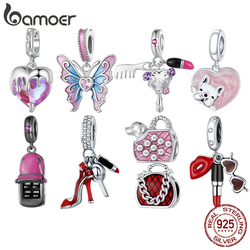Bamoer 925 Sterling Silver Pink Lady Series Butterfly Hanging Bead Pingente De Coração De Fusão Para Pulseira Feminina Colar De DIY