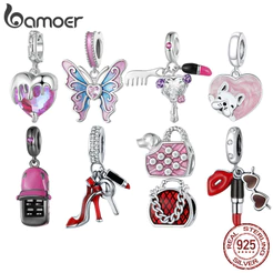 Bamoer 925 Sterling Silver Pink Lady Series Butterfly Hanging Bead Pingente De Coração De Fusão Para Pulseira Feminina Colar De DIY