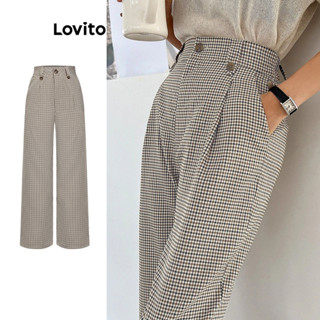Lovito Casual Calça Feminina Gingham com Botão L70AD049 (Cáqui)