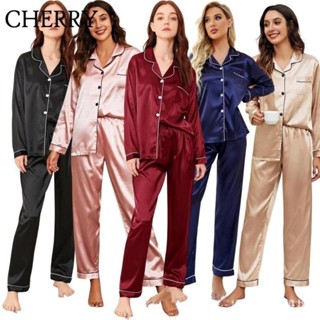 Mulheres Cetim e Seda Paju Tidur Pijama Manga Longa/Conjunto Pijama Seda