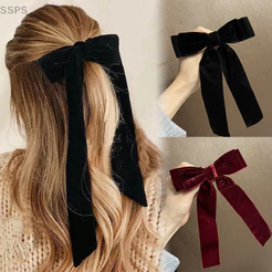 [SSPS] Presilhas De Cabelo Com Laço De Veludo Vintage Para Mulheres , Meninas , Casamento , Fita Longa , Acessórios Core