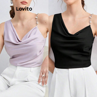 Lovito Elegante Blusa Feminina Lisa Assimétrica com Pérolas L74ED364