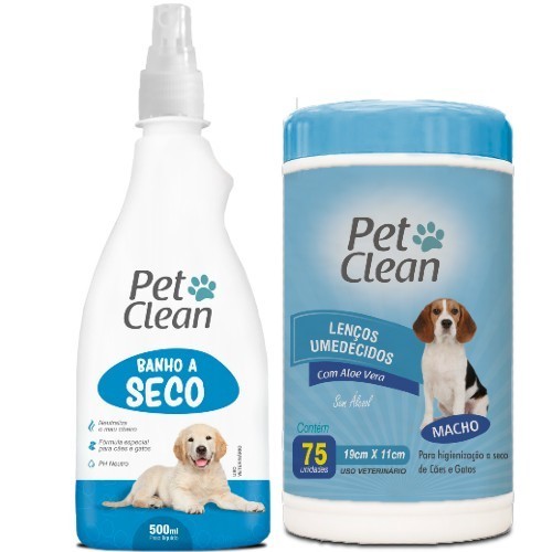Kit Banho A Seco + Lenco Umedecido Sem Enxague Para Caes E Gatos
