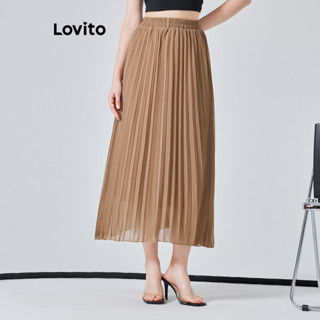 Lovito Elegante Saia Plissada Básica para Mulheres L74ED060 (Camelo/Preto)