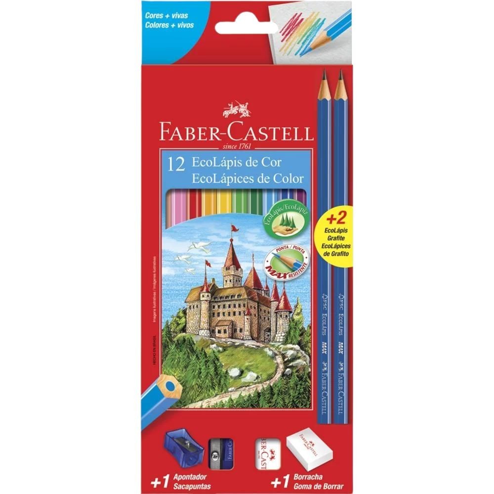 Lápis de Cor EcoLápis 12 Cores C/ Apontador Borracha 2 EcoLápis Grafite Faber-Castell