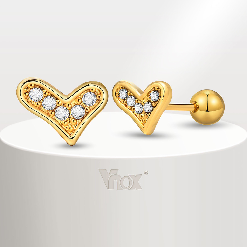 Vnox Zircon Cubic Brincos De Cavilha Em Forma De Coração Para Mulher GIrl , 18K Gold Cute Small Stainless Steel Earring Acessórios De Moda