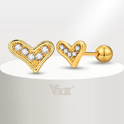 Vnox Zircon Cubic Brincos De Cavilha Em Forma De Coração Para Mulher GIrl , 18K Gold Cute Small Stainless Steel Earring Acessórios De Moda