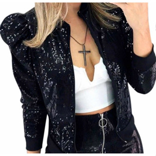 Casaquinho Feminino Casaco Jaqueta Bomber Paetes Manga Bufante Brilho