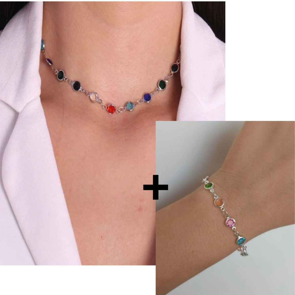 Kit Conjunto Colar Choker e Pulseira Pedras Cristal ponto de Luz Tiffany Cristais Folheado a Prata Acessórios Feminino