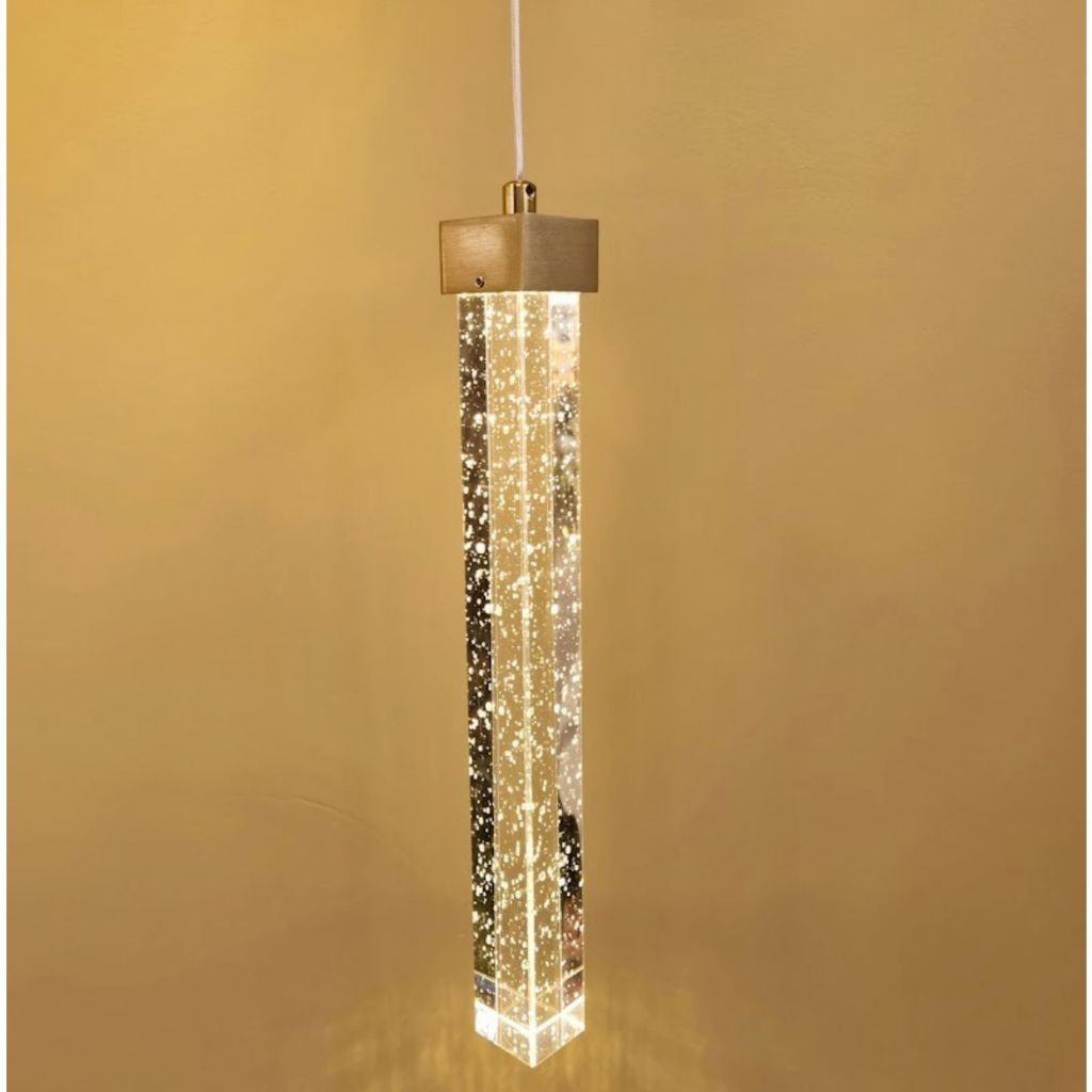 Pendente Led Tubo Quadrado Cristal 20cm Bolha 7w Dourado 3 temperaturas de cor da luz Branco quente/ Branco frio/ Branco neutro