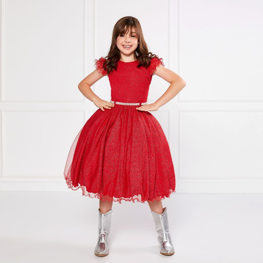 Vestido Glitter Manga Godê Brilho Princesa Cores Variadas