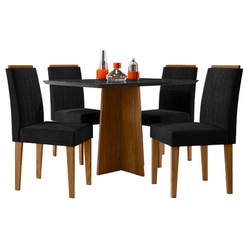 Mesa de Jantar Anitta 120x80 cm com Vidro Ype Preto e 4 Cadeiras Ana Veludo Preto – New Ceval