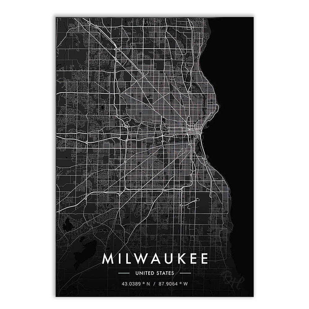 Placa Decorativa Mapa Milwaukee Wisconsin Eua Black