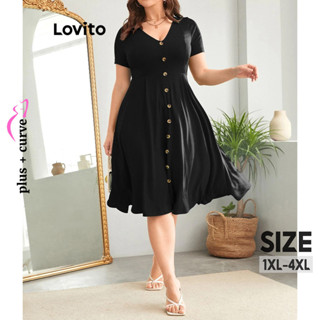 Lovito Vestido de Botão Liso e Elegante Plus Size para Mulheres LBL08203