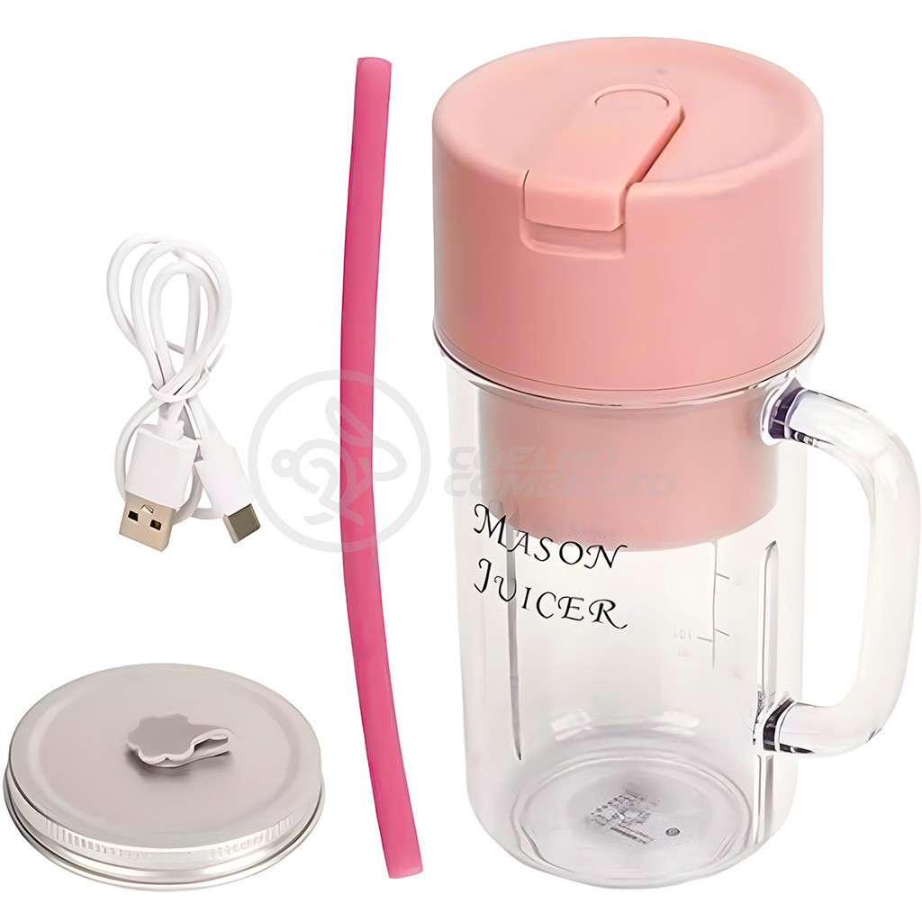 Caneca Misturadora de Alimentos Recarregável USB Tipo C Copo Triturador Portátil de Frutas - Rosa