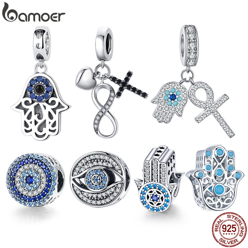 Bamoer 925 Sterling Silver Eyes Maléficos Contas Fatima Hand Hamsa Mão Emaranhado De Charme Encaixam Pulseiras & Bangles Infinity Charm em Oferta na Shopee