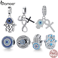 Bamoer 925 Sterling Silver Eyes Maléficos Contas Fatima Hand Hamsa Mão Emaranhado De Charme Encaixam Pulseiras & Bangles Infinity Charm
