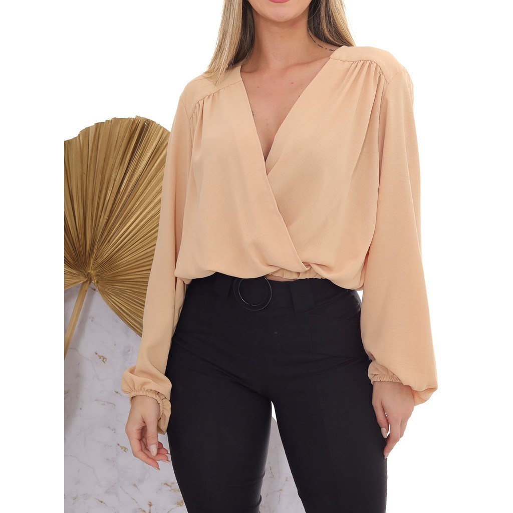 Blusa feminina transpassada maga longa em Oferta na Shopee