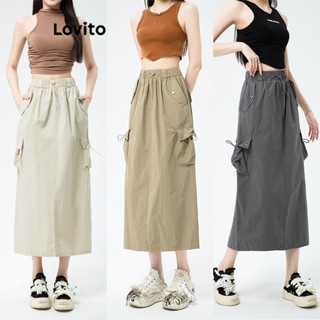 Lovito Saias Casuais Com Bolso Liso E Cordão Para Mulheres LNE37020 (Cáqui/Cinza/Branco Off)