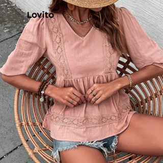 Lovito Blusa Boho De Renda Lisa Para Mulheres LNL36041 (Rosa)