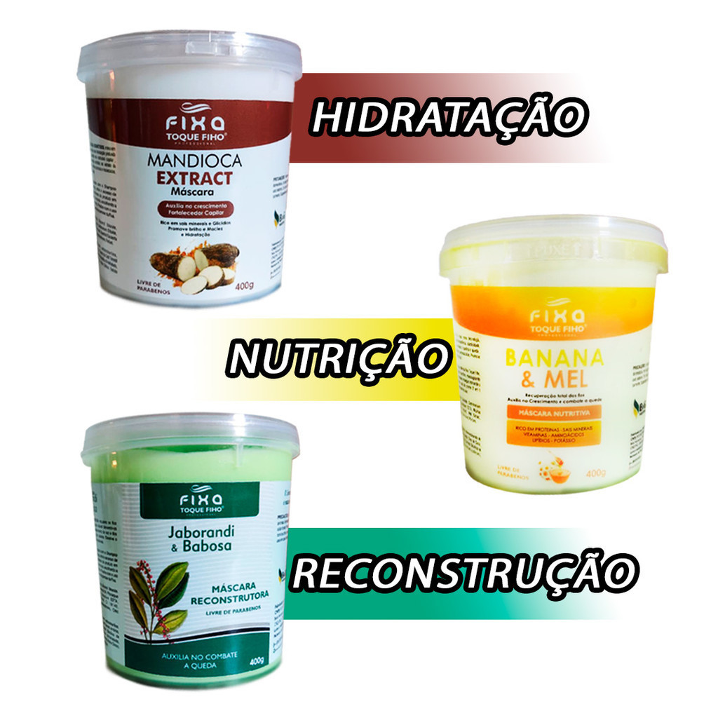 Kit Cronograma Capilar HNR Mandioca Banana e mel e Jaborandi com Aloe Vera Babosa Hidratação Nutrição e Reconstrução