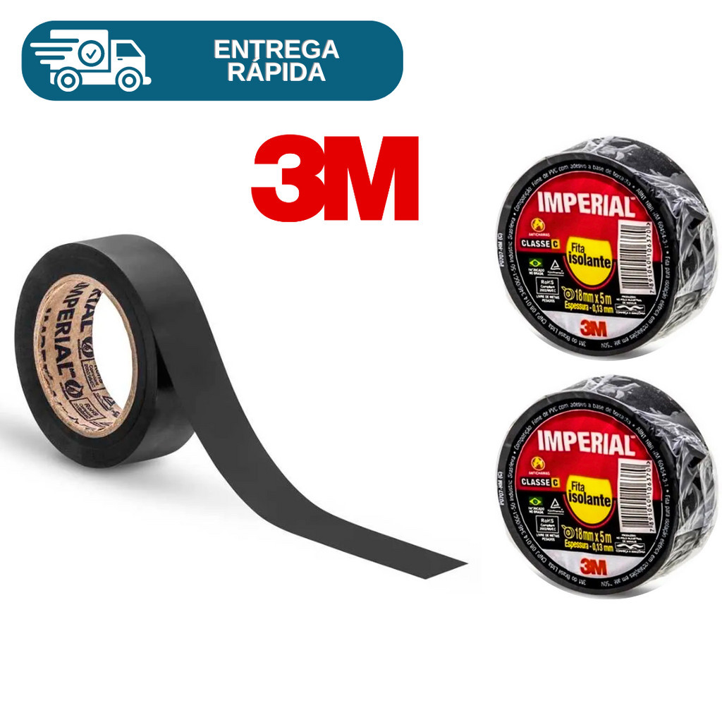 Kit 2 Fita Isolante 3M Imperial Slim Preta 18mm - 5 Metros 10 Metros e 20 Metros Cabos Manutenção