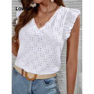Lovito Boho Camiseta Feminina Floral de Jacquard com Renda e Laço Traseiro LBL08293