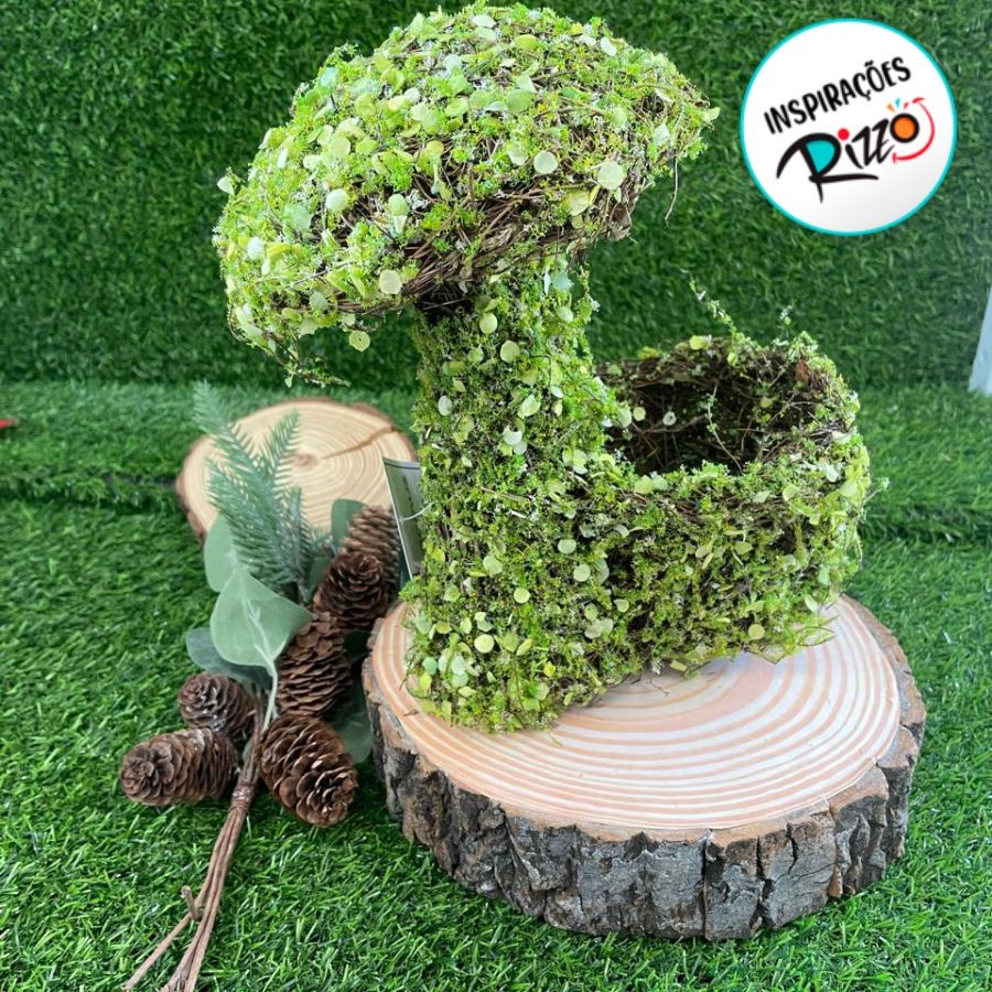 Detalhes do Enfeite Decorativo Rústico - Cesta com Cogumelo e Folhas Verdes - 26cm - 1 unidade - Cromus - Rizzo