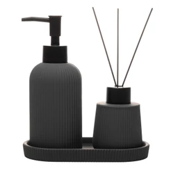 Conjunto 3 Peças Soft Touch Sketch Wolff - Cerâmica Cinza Porta Sabonete Difusor Bandeja Ideal para Renovar o Banheiro