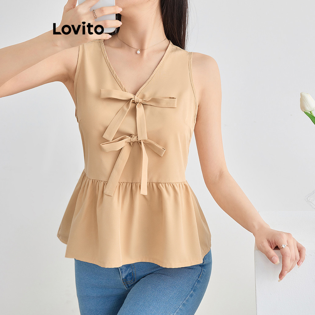 Lovito Blusa casual lisa com laço para mulheres L118ED144 - Women Clothes