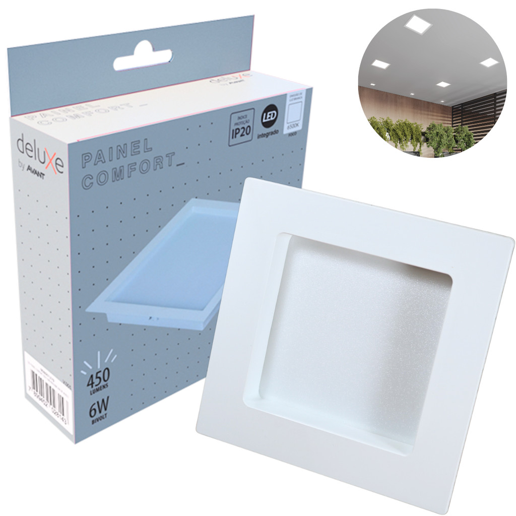 Painel Led Recuado 6w Quadrado 6500k Comfort Branco Frio 12cm 110V/220V Bivolt Branco Fosco Cód: 908001370 - Deluxe
