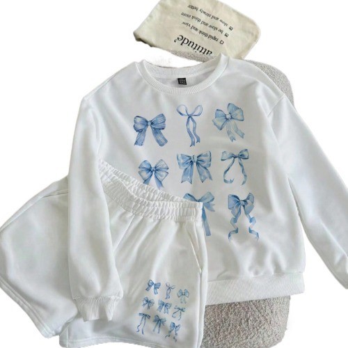 Conjunto de moletom e shorts  com estampa de laço, casual feminino,  outono/inverno estiloso e lançamento exclusivo