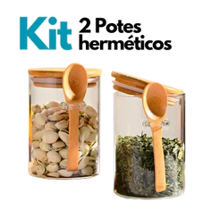 Kit 2 Pote/Colher de Vidro com Tampa de Bambu Grosso c/Colher 250ml Porta Temperos Saleiro