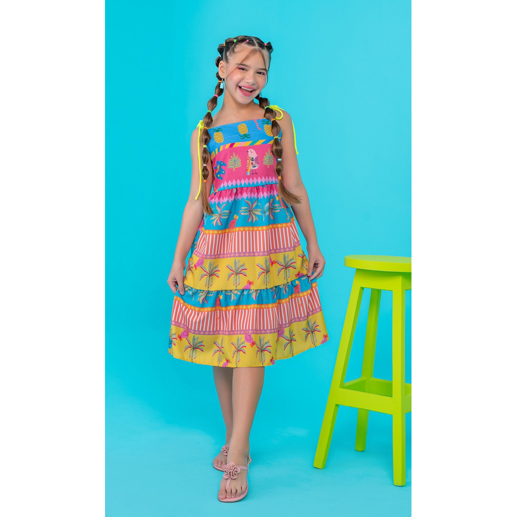Vestido Júlia Amarelo Estampado Infantil Juvenil, Roupa Menina tam. 4, 6, 8, 10, 12, 14, 16 fresco e leve Envio imediato
