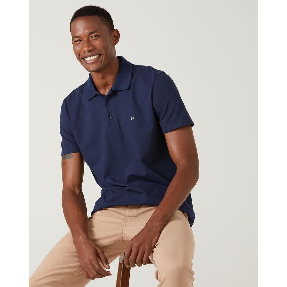 Camisa Polo Básica Masculina Bordado Frontal Em Piquet Stretch