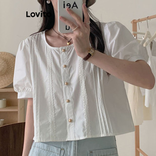 Lovito Casual Blusa Feminina Lisa Plissada de Manga Bufante com Botão L70AD001 (Branco)